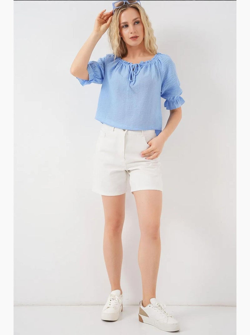Blouse kort structuur boothals met pompons bdart Lichtblauw - Kiabi