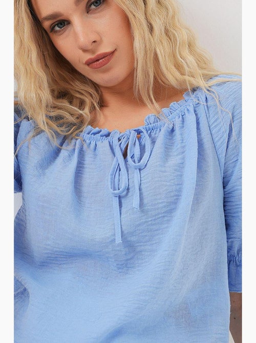 Blouse kort structuur boothals met pompons bdart - Kiabi