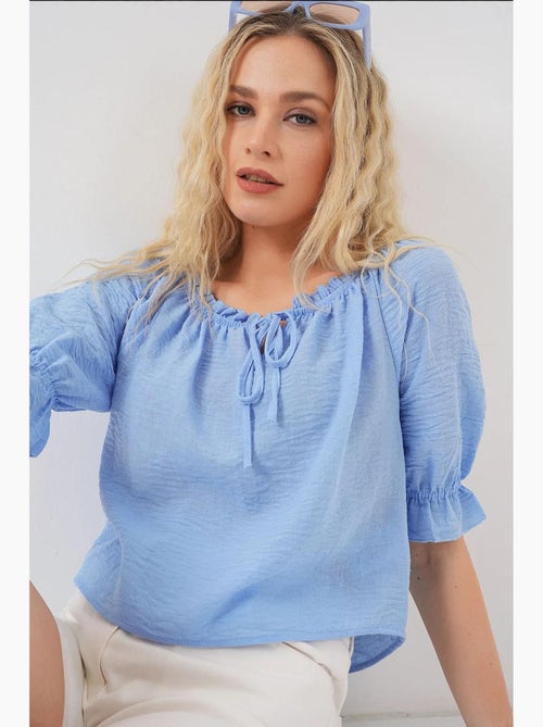Blouse kort structuur boothals met pompons bdart - Kiabi