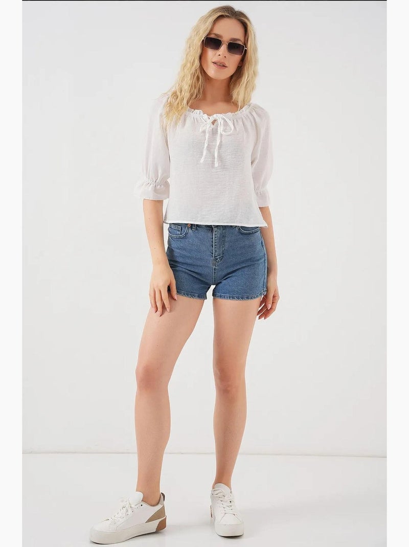 Blouse kort structuur boothals met pompons bdart Wit - Kiabi