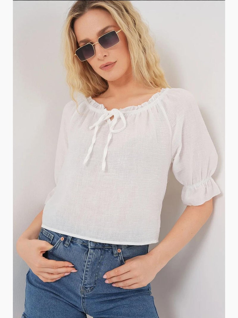 Blouse kort structuur boothals met pompons bdart Wit - Kiabi