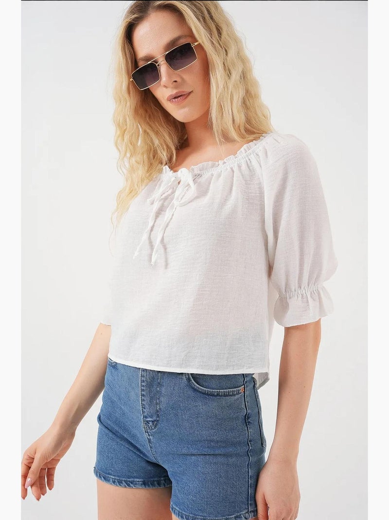 Blouse kort structuur boothals met pompons bdart Wit - Kiabi