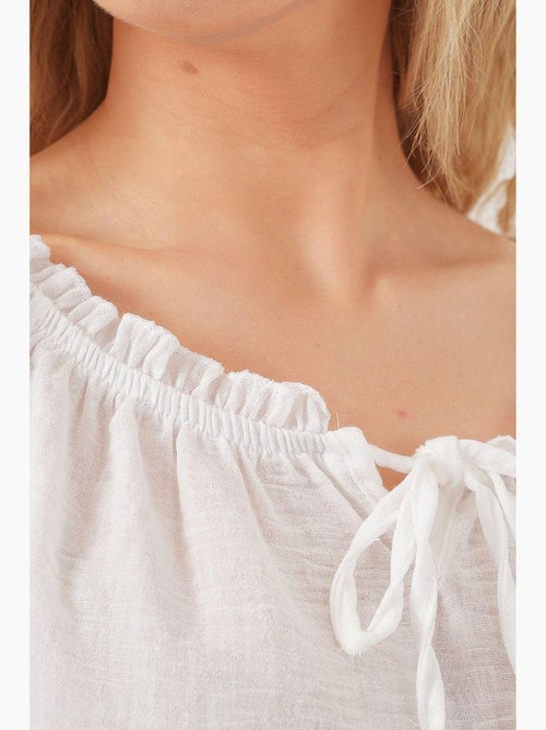 Blouse kort structuur boothals met pompons bdart - Kiabi