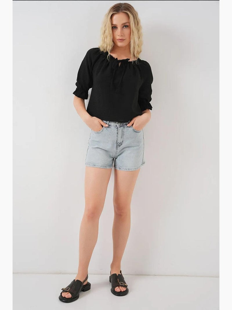 Blouse kort structuur boothals met pompons bdart Zwart - Kiabi