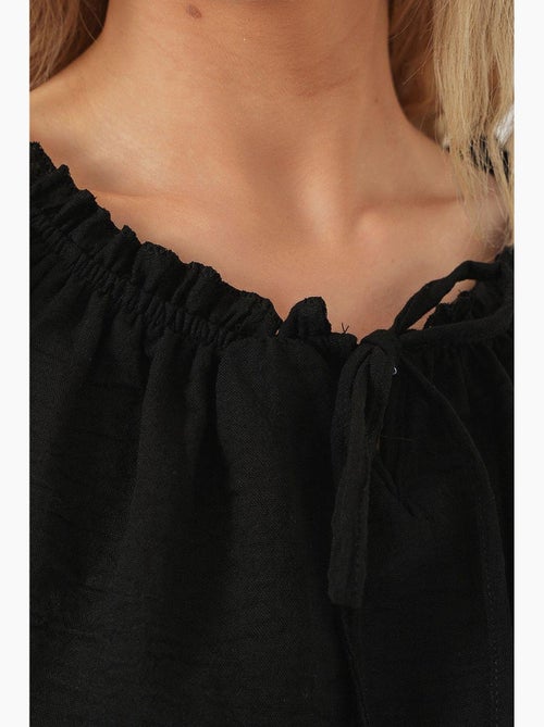 Blouse kort structuur boothals met pompons bdart - Kiabi