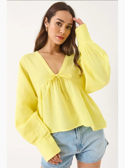 Blouse kort structuur v-hals met strik lucci - Kiabi