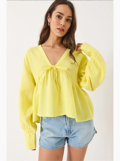 Blouse kort structuur v-hals met strik lucci - Kiabi