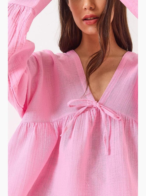 Blouse kort structuur v-hals met strik lucci - Kiabi