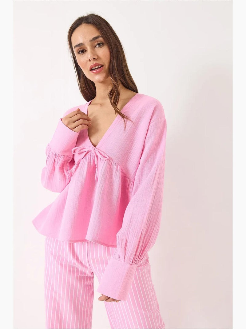 Blouse kort structuur v-hals met strik lucci Fluorroze/Solinotes - Kiabi