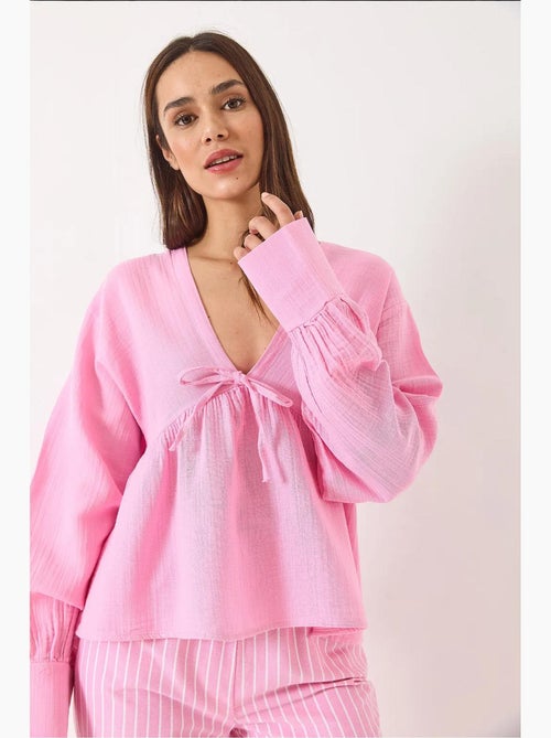 Blouse kort structuur v-hals met strik lucci - Kiabi