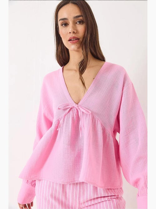 Blouse kort structuur v-hals met strik lucci - Kiabi