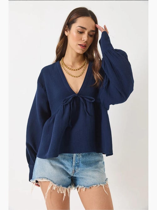Blouse kort structuur v-hals met strik lucci - Kiabi