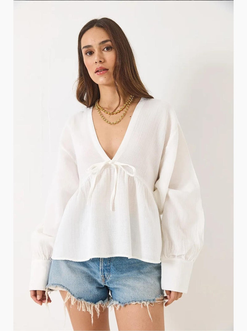 Blouse kort structuur v-hals met strik lucci Wit - Kiabi
