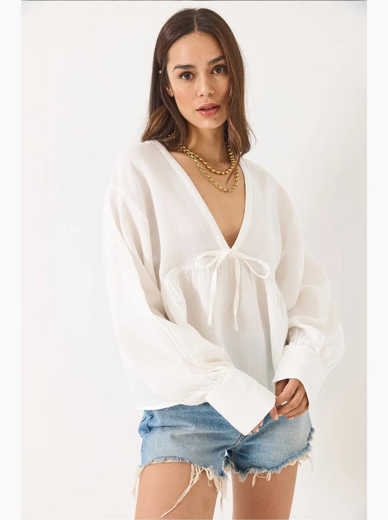 Blouse kort structuur v-hals met strik lucci Wit - Kiabi