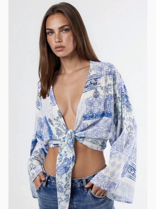 Blouse kort v-hals paisleyprint met strik busem - Kiabi