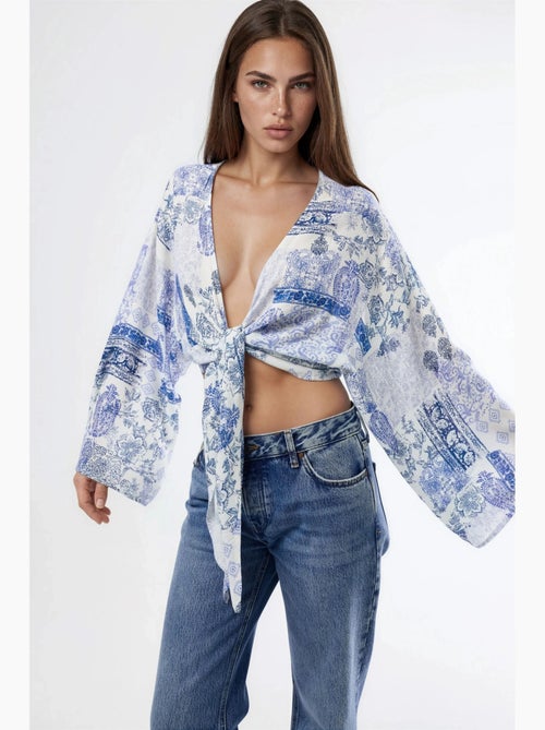 Blouse kort v-hals paisleyprint met strik busem - Kiabi