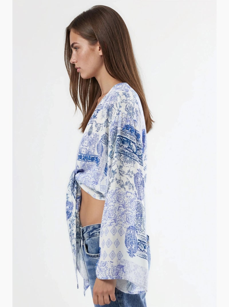 Blouse kort v-hals paisleyprint met strik busem Saffierblauw - Kiabi