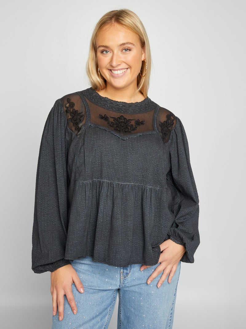 Blouse Weill Noire Brodée Manches Longues - Taille 46 XXXL Occasion Très Bon État