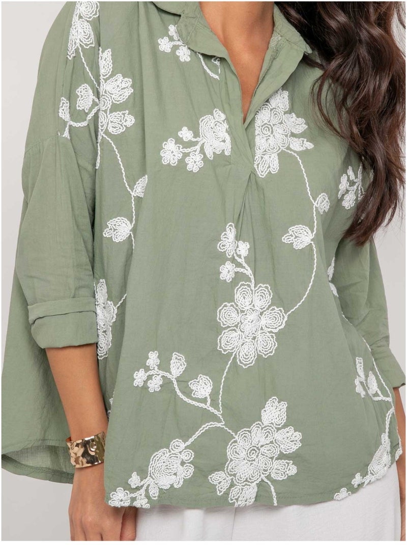 Blouse manches longues broderie OPEYA Kaki - Kiabi