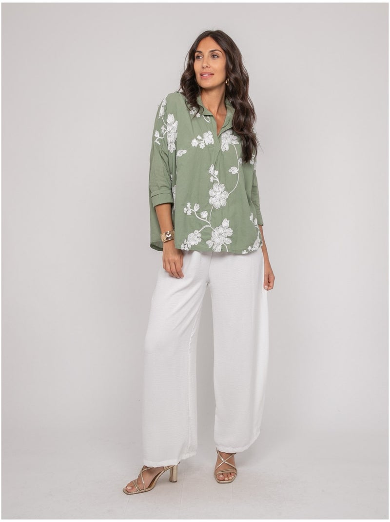 Blouse manches longues broderie OPEYA Kaki - Kiabi