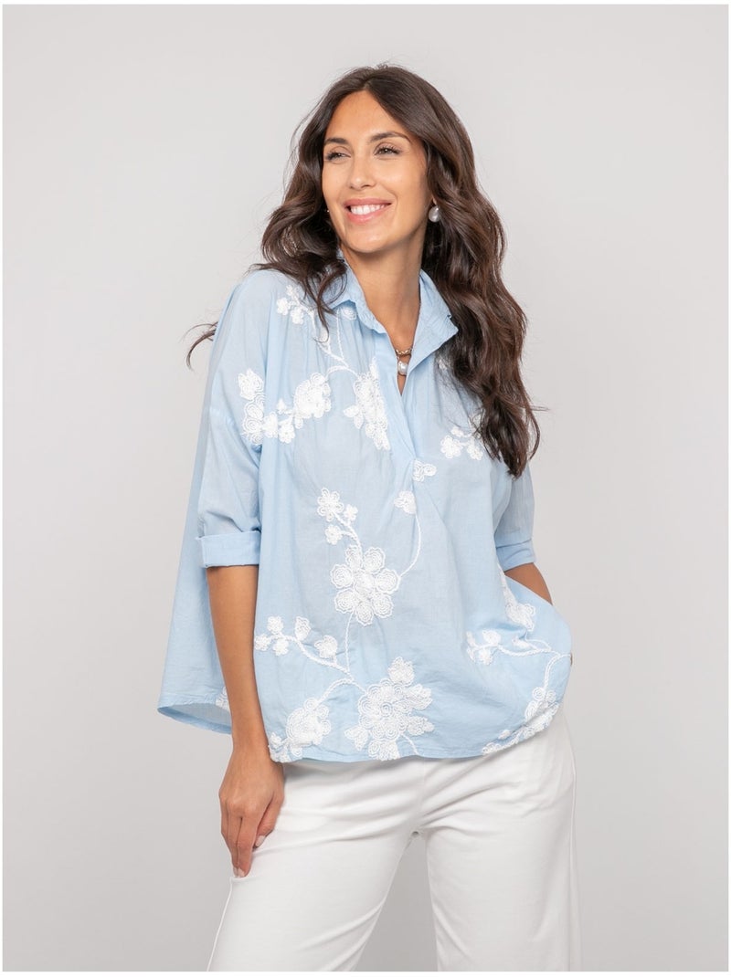 Blouse manches longues broderie OPEYA Kaki - Kiabi