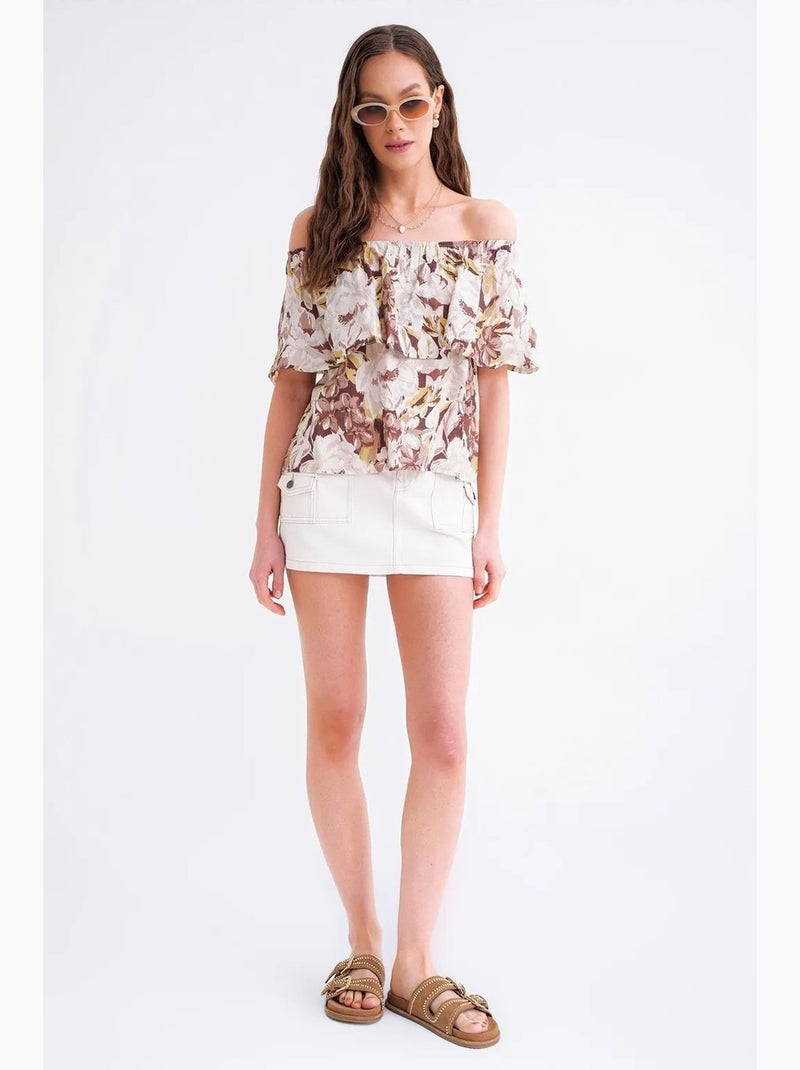 Blouse met bloemenprint en open schouders mixray Camel - Kiabi