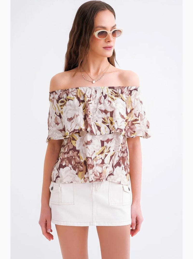Blouse met bloemenprint en open schouders mixray Camel - Kiabi