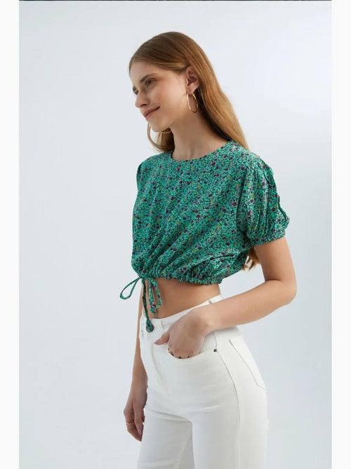 Blouse met bloemenprint, ronde hals en trekkoord hiccup - Kiabi