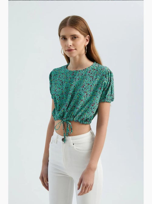 Blouse met bloemenprint, ronde hals en trekkoord hiccup - Kiabi