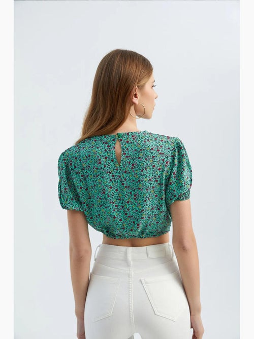 Blouse met bloemenprint, ronde hals en trekkoord hiccup - Kiabi