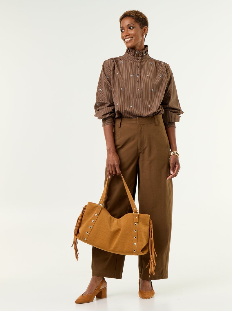 Blouse met fantasiekraag en all-over borduursels Bruin - Kiabi