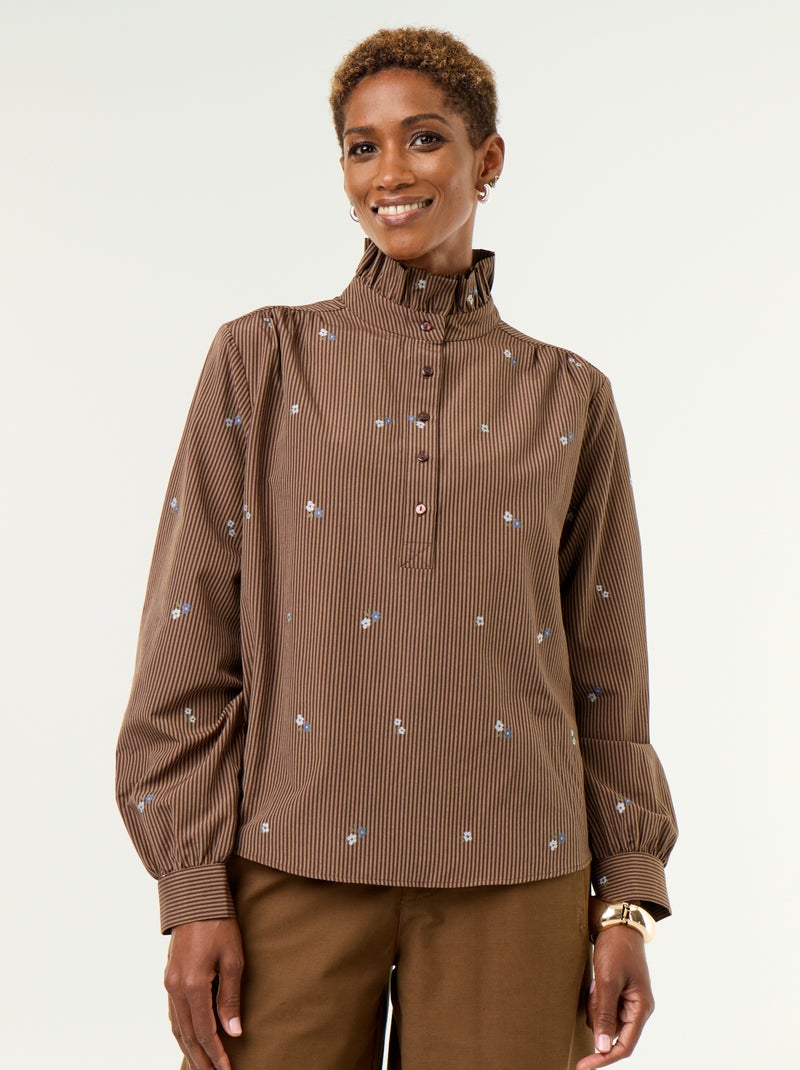 Blouse met fantasiekraag en all-over borduursels Bruin - Kiabi