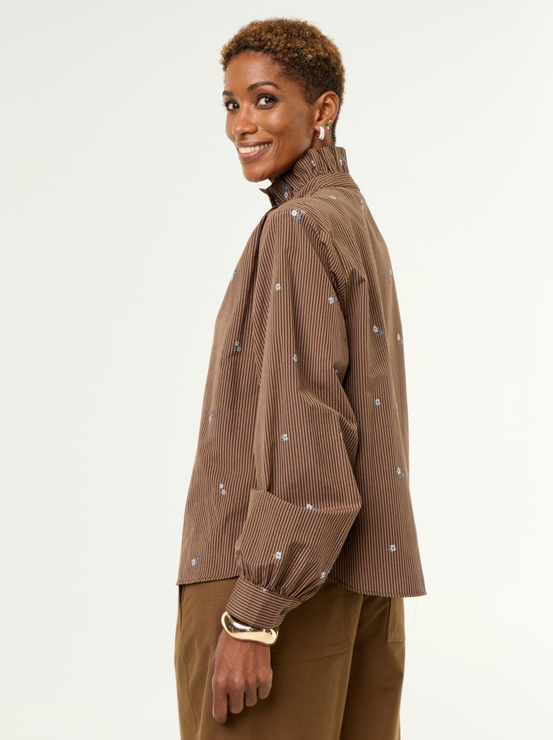 Blouse met fantasiekraag en all-over borduursels Bruin - Kiabi