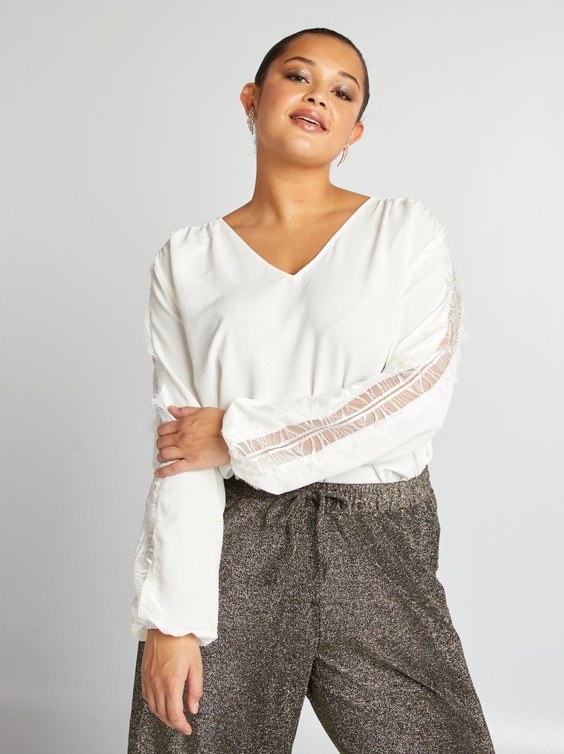 Blouse met kant aan de mouwen WIT - Kiabi
