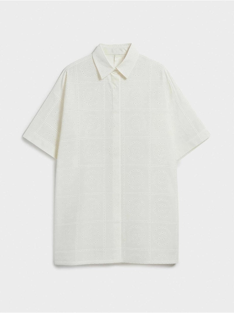 Blouse met knopen en opengewerkte details, 100% katoen Ecru - Kiabi
