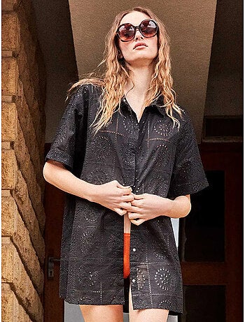 Blouse met knopen en opengewerkte details, 100% katoen