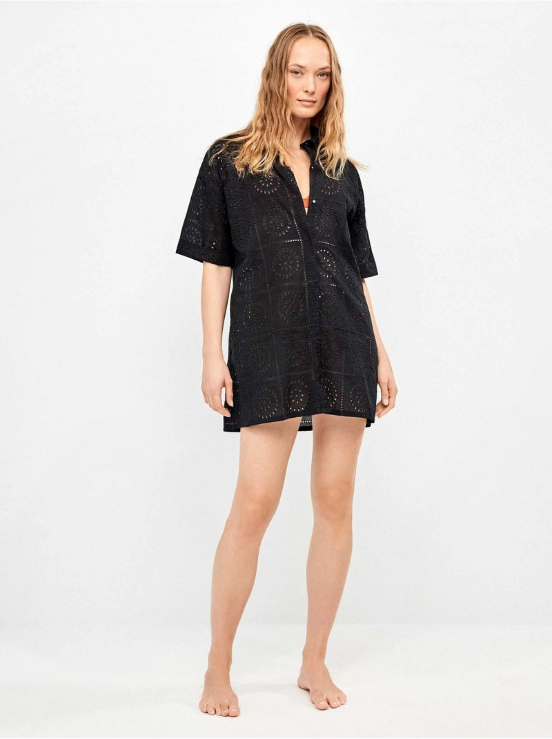 Blouse met knopen en opengewerkte details, 100% katoen Zwart - Kiabi