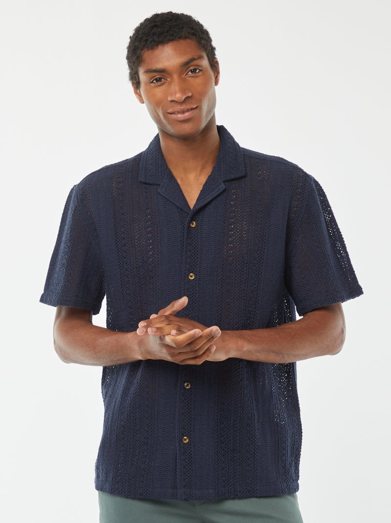 Blouse met korte mouw van tricot met ajourmotiefje Blauw - Kiabi
