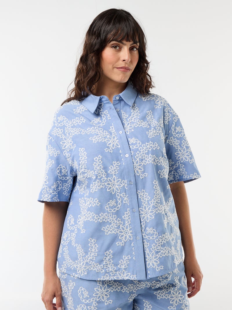 Blouse met korte mouwen en borduursels Blauw - Kiabi