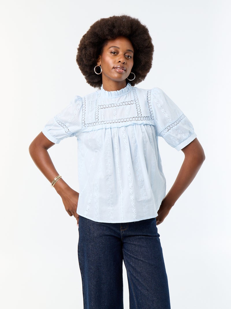 Blouse met korte mouwen en borduursels Blauw - Kiabi