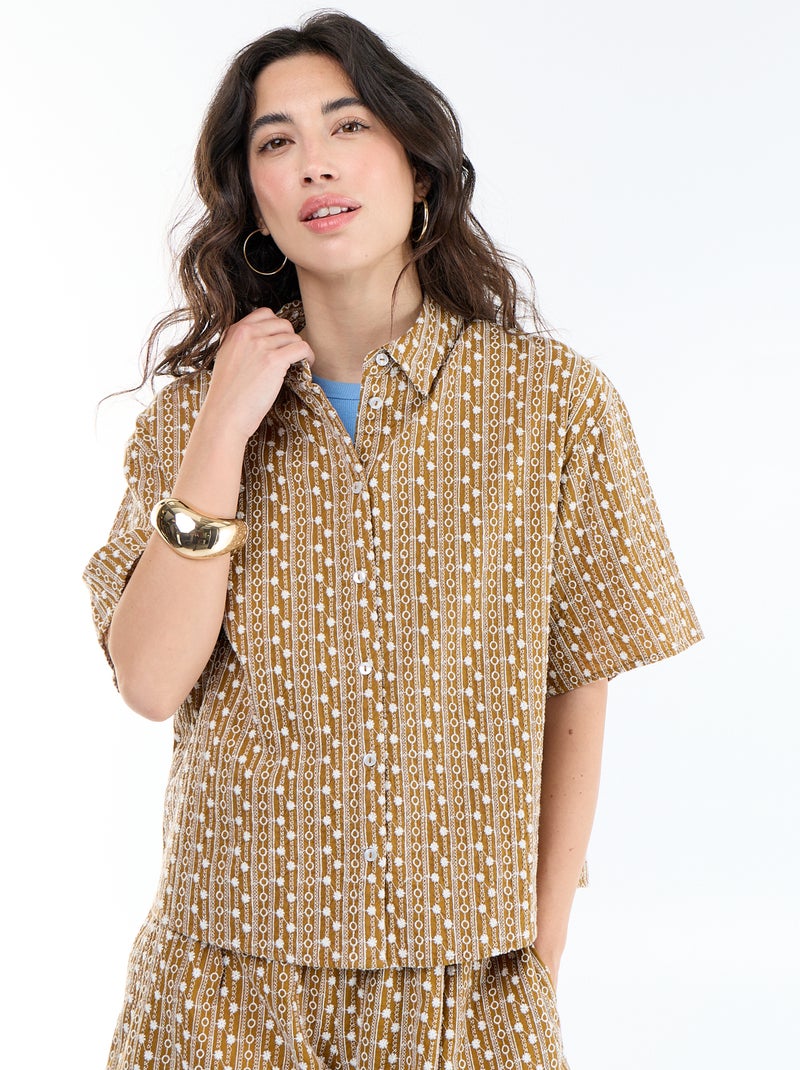 Blouse met korte mouwen en borduursels Bruin - Kiabi
