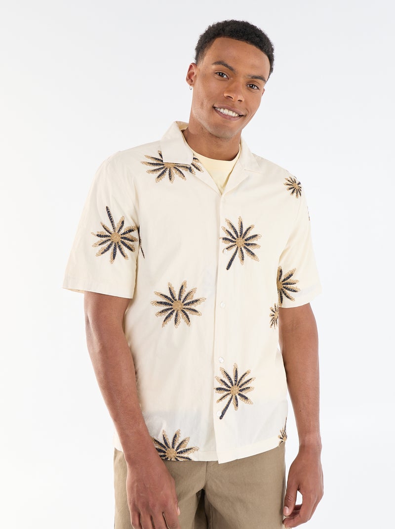 Blouse met korte mouwen en geborduurd motief Biege - Kiabi