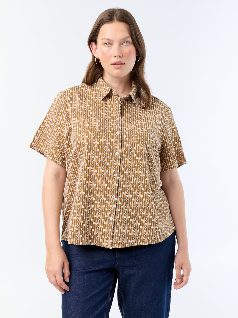 Blouse met korte mouwen en geborduurde print Bruin - Kiabi