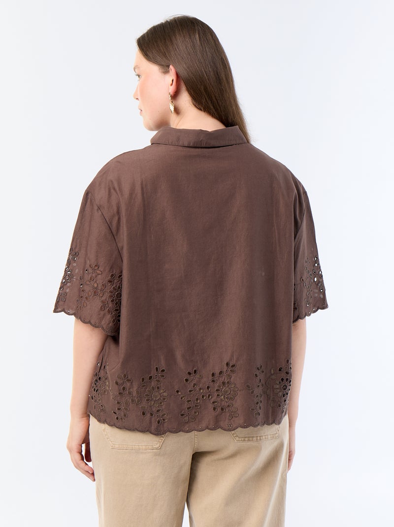 Blouse met korte mouwen en opengewerkte borduursels Bruin - Kiabi
