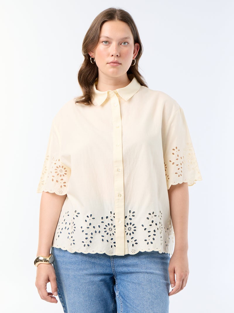 Blouse met korte mouwen en opengewerkte borduursels Geel - Kiabi