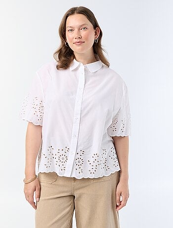 Blouse met korte mouwen en opengewerkte borduursels