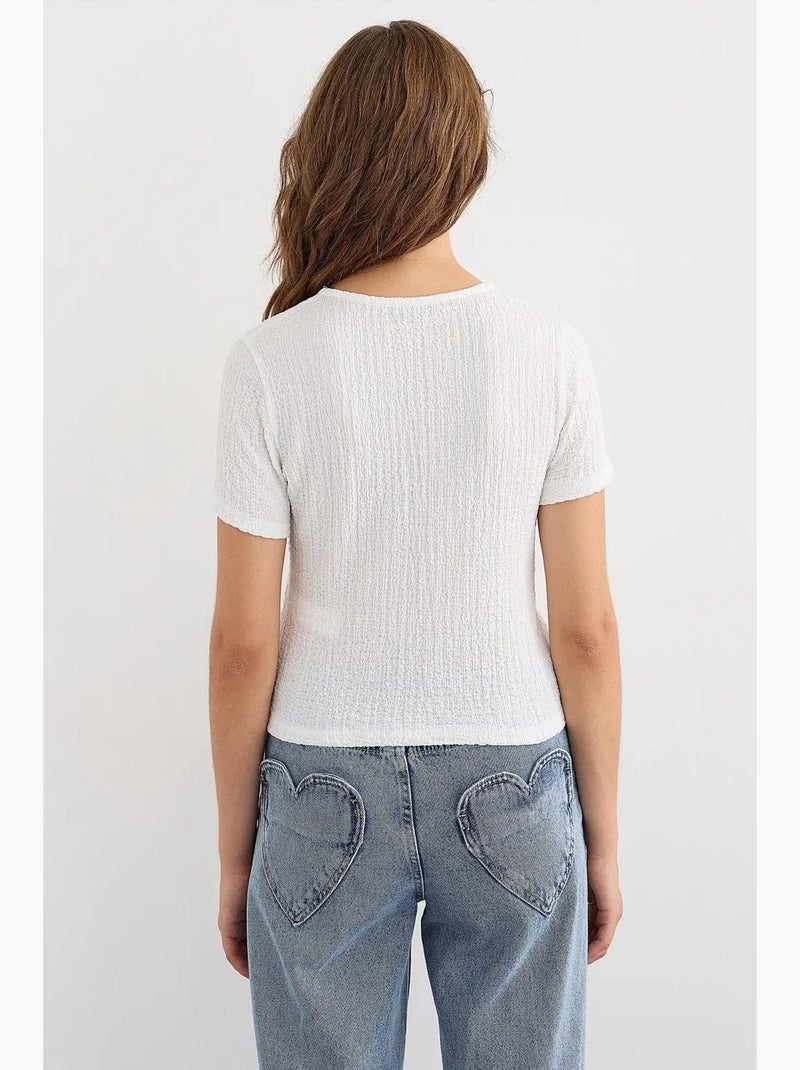 Blouse met korte mouwen en strikdetail hiccup Wit - Kiabi