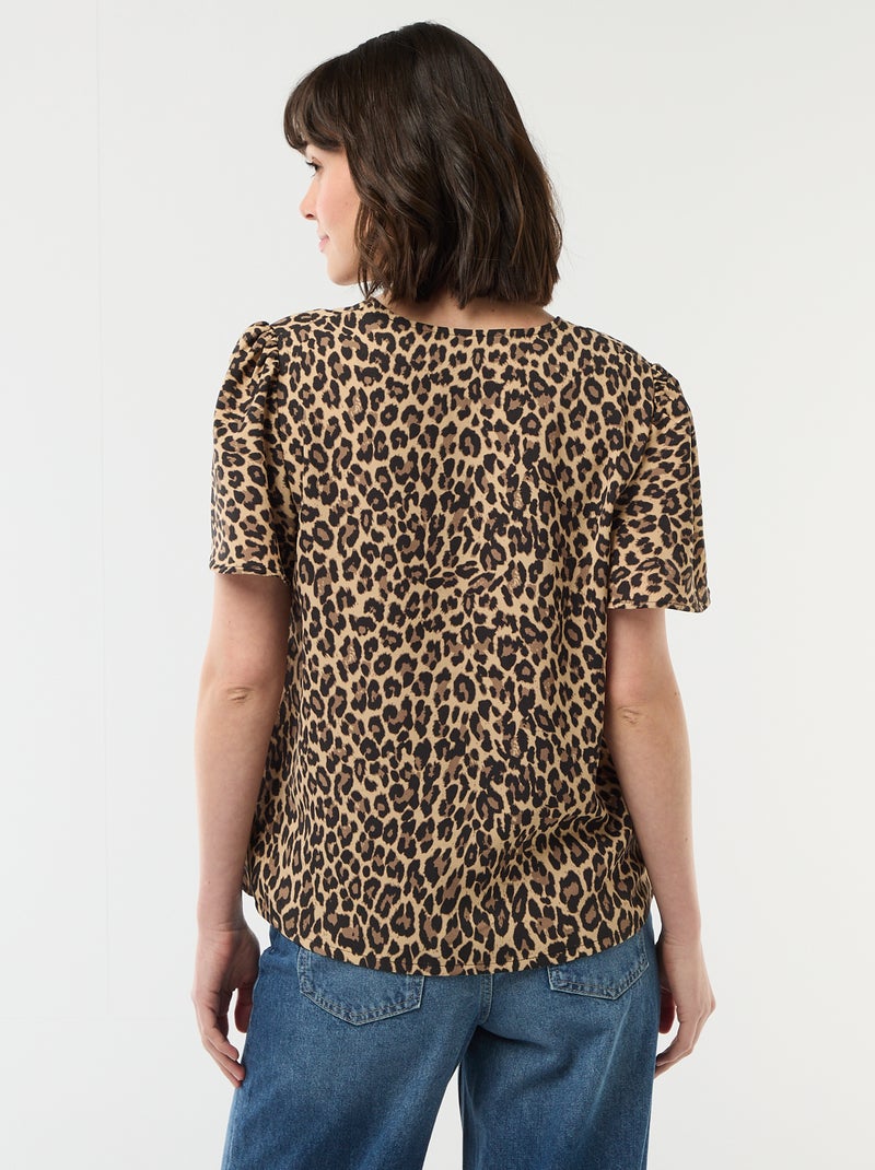 Blouse met korte mouwen en V-hals Biege - Kiabi