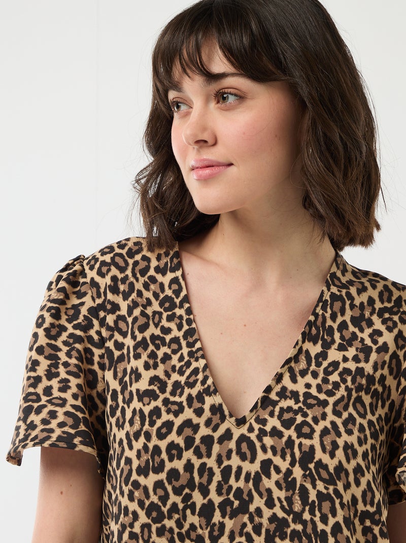 Blouse met korte mouwen en V-hals Biege - Kiabi