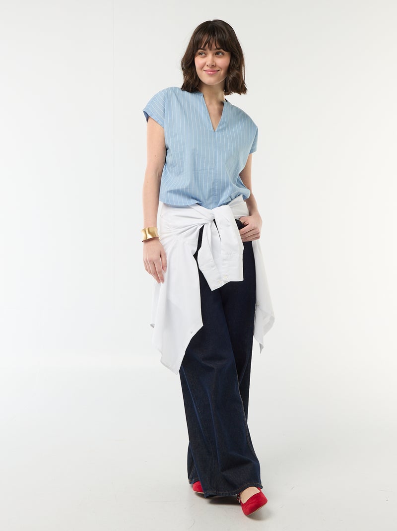 Blouse met korte mouwen en V-hals Blauw - Kiabi